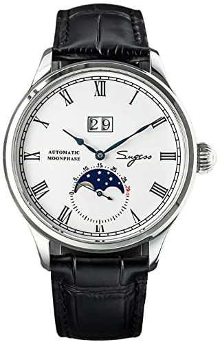 Sugess SU2528SS MoonPhase Master Seagull ST2528 Movimiento zafiro cristal reloj mecánico automático de los hombres 1963, negro, 41mm, Correa