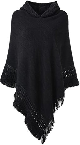 Ferand Poncho con Capucha para Mujer Capa de Crochet con Dobladillo con Flecos para Otoño Invierno - Talla única - Negro