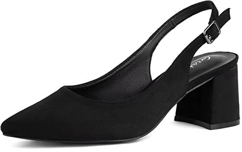 Greatonu Women's Pointed Toe Slingback Court Shoes Block Heel Ladies Pumps Ankle Strap Dress Shoes Black Size 5.5