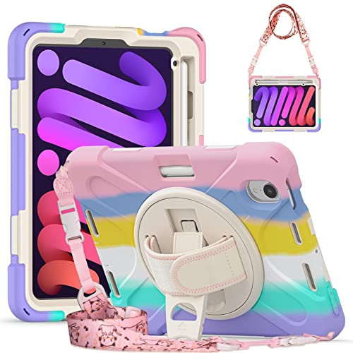 Gerutek for iPad Mini 7/6 Case Shockproof, Full Body Rugged Mini A17 Pro/Mini 6th Gen Case with [Screen Protector][Pen Slot][360° Stand/Hand&Shoulder strap] Cover for iPad Mini 7 A17 Pro,Pink