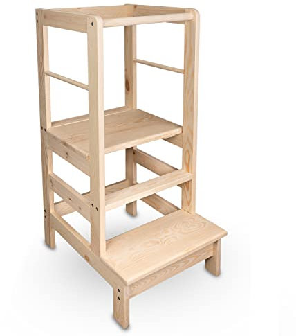 BESTFORM Torre de Aprendizaje para niños a Partir de 12 Meses | Taburete de Madera Infantil | Montessori | Ajustable en 3 Posiciones | Pasamanos de Seguridad | Learning Tower K02