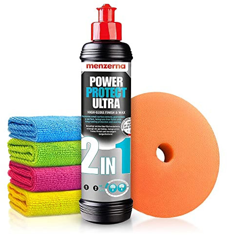 Autopolitur Set: Menzerna Power Protect Ultra 2in1 Hochglanz-Finish & Wax (250ml) - Beseitigt leichte Kratzer, erzeugt ein hologrammfreies Finish & versiegelt den Lack - Auto polieren | 6-tlg.