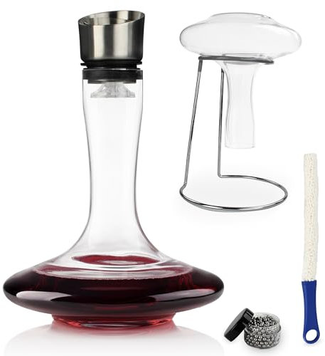 G Francis Wine Decanter Set 1.5L with Aerorator, Drying Stand, Cleaning Beads, and Brush - Hand Blown Crystal Glass Wine Carafe for Red and White Wine