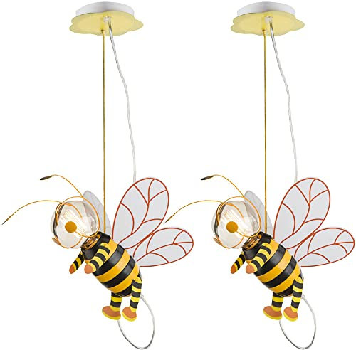 Hängelampe Kinderzimmer Pendelleuchte Biene LED Schlafzimmerlampe Junge Mädchen, Metall schwarz gelb, LED 7W 700lm 2700K warmweiß, LxBxH 36x25x120 cm, 2er Set