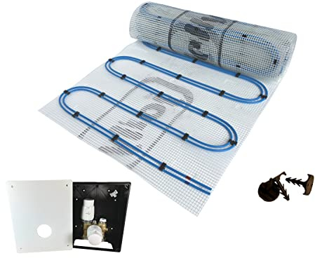 Dünnbett Warmwasser Fußbodenheizung HoWaTech Duo Komplett Set 2,5-20m² Doppelrohr Heizmatte 80 W/m² und TH-RTL Regelbox, Heizfläche:10.00m²