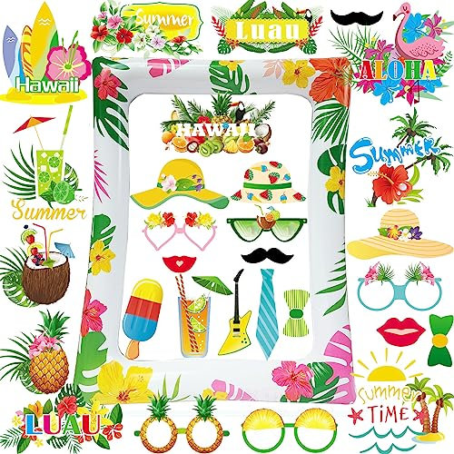 29 Pz Foto Props Hawaii, LMSHOWOWO Cornice Gonfiabile per Selfie Luau, Photo Booth Hawaii Accessori, Puntelli per Foto di Hawaiana, Divertenti Hawaiana Gadget, per Festa di Luau Hawaiane Decorazione