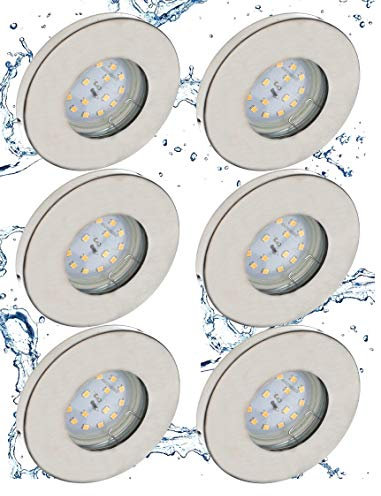 Trango 6er Set 6729IP65-062MO LED Einbaustrahler IP65 aus Edelstahl gebürstet inkl. 6x 5 Watt 3000K warmweiß Ultra Flach LED Modul für Bad, Dusche, Einbauspots, Deckenstrahler, Deckenlampe, Badleuchte
