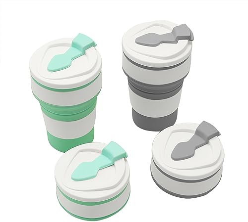 Accmuzzy 2 Pack Collapsible Cup with Lid, Foldable Travel Mug for Hot Drinks, Coffee Cup, Personalised, Picnic, Camping, Hiking, Office (1 Grey 1 Blue)