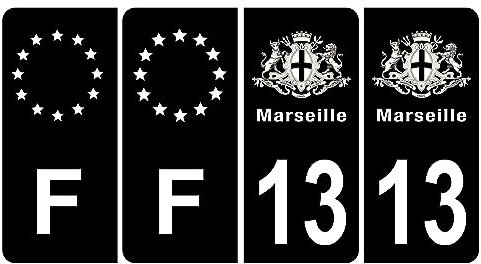 HADEXIA Lot de 4 Autocollants Stickers Plaque d'immatriculation Voiture 13 Blason Marseille Noir & F Europe