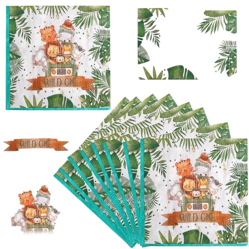 40 Stück Wild One Servietten, 33x33Cm(Erweitert) Quadratisch Servietten Tiere, Servietten Dschungel, Partygeschirr, Servietten Waldtiere für Kindergeburtstag Jungen/Mädchen Geburtstag