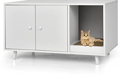 COSTWAY Meuble Litiere Chat en Bois, Cache Litiere Chat Double Porte 3 en 1, Planche à Griffer, 4 Pieds Surélevés Amovibles, Maison de Toilette Chaton, 90 x 50 x 50 CM, Blanc