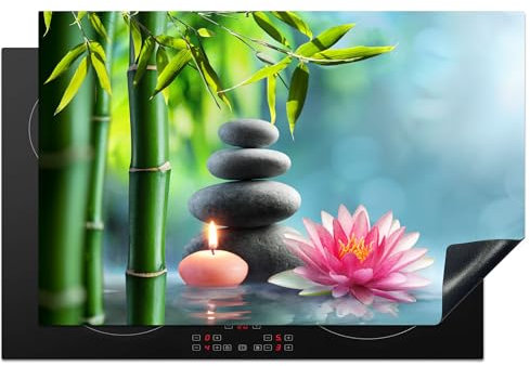 KitchenYeah© Protège Plaque Induction 80x52 cm Deco Cuisine Protection Pour Plan De Travail Cuisson Protégé Bambou - Pierres zen - Lotus - Japonais