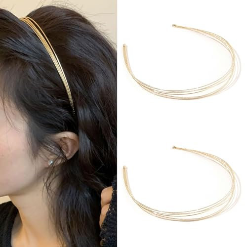 Mezrkuwr Lot de 2 bandeaux fins en métal multicouche pour femme - Doré - Élégant - Accessoire de cheveux pour fille