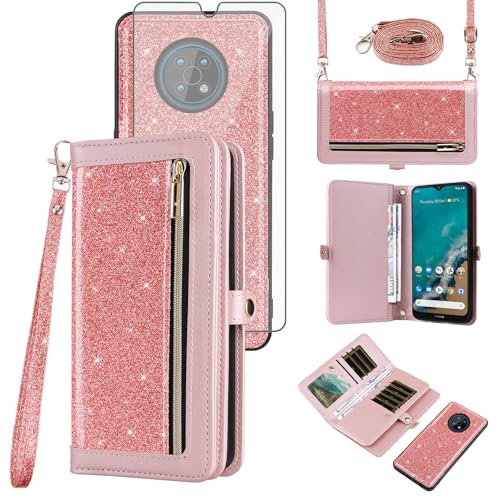Asuwish Phone Case for Nokia G50 5G Zipper Wallet Detachable Cell Cover with Tempered Glass Screen Protector Crossbody Lanyard Strap Bling Glitter Flip Card Holder NokiaG50 G 50 50G Women Girls Pink