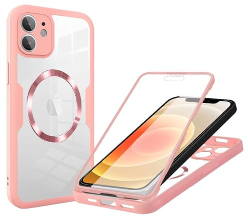 Beajew 360 Grad für iPhone 12 Hülle mit Magsafe, Komplettschutz HandyHülle Magnetisch Stoßfest Case für iPhone 12 Schutzhüllen, durchsichtige Hülle, Rosa