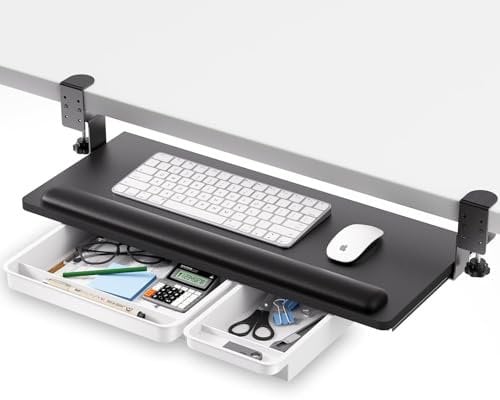Under Desk Keyboard Tray with Drawer and Wrist Rest,Pull Out with C Clamp Mount Easy to Install,Ergonomic Keyboard Tray for Typing,Office Supplies Storage,Convenience for Home and Office (Black)