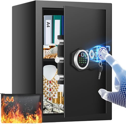 55L Large Fingerprint Safe Box with A4 Fireproof Bag, Quick Access Biometric Home Safe with Backlit Keypad, Silent Mode & Removable Shelf, Heavy Duty Digital Safe for Cash Document Jewelry Valuables