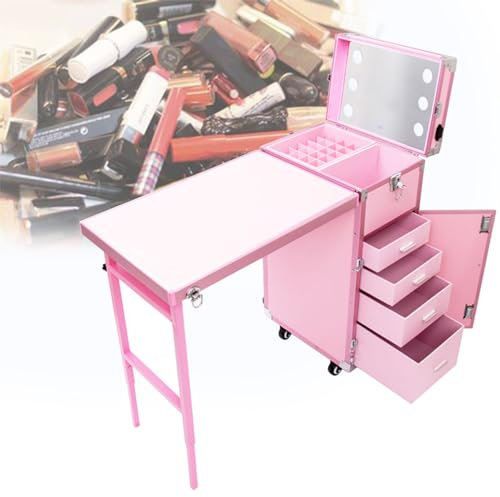 DPLWJPP Rolling Manicure Table Foldable Nail Table Makeup Train Case,Lockable Cosmetic Vanity Case,With Storage,Built-In Bluetooth,Led Light And Mirror,Pink