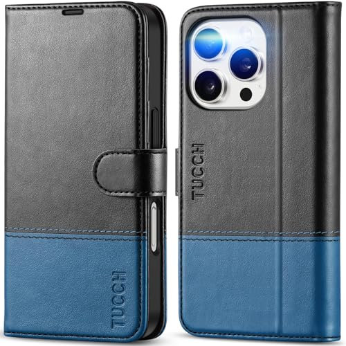 TUCCH Wallet Case for iPhone 16 Pro (6.3) 2024 5G, Magnetic PU Leather Protective Flip Foldable Case with[Shockproof TPU][RFID Blocking][Card Slots] Compatible with iPhone 16 Pro, Black & Light Blue