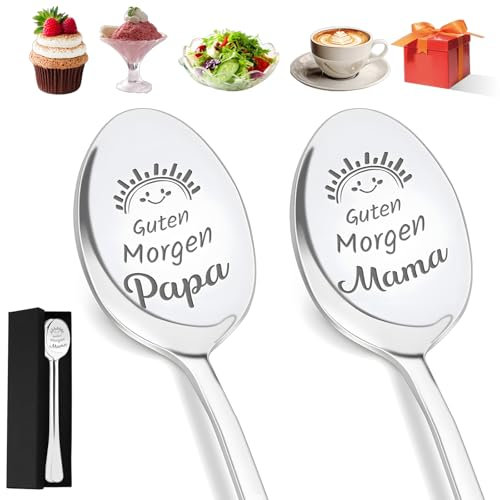 2 Stücke Kaffeelöffel mit Gravur, Hochglanzpoliert Dessertlöffel Mit Geschenkbox - Guten Morgen Papa, Guten Morgen Mama, Geschenk für Thanksgiving, Vatertag, Muttertag, Geburtstag, Weihnachten