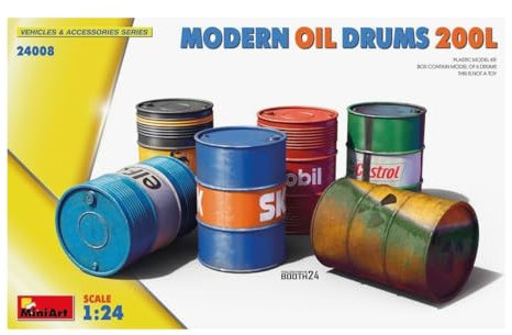 MiniArt 24008 1:24 Moderne Ölfasser 200L - originalgetreue Nachbildung, Modellbau, Plastik Bausatz, Basteln, Hobby, Kleben, Modellbausatz, Zusammenbauen, unlackiert