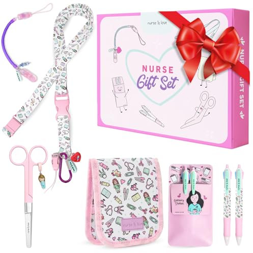 Nurse Is Love Krankenschwester Geschenke 5-Teiliges Set | Schlüsselband + Schere + Taschenorganizer + Stifte Taschenschutz mit Kugelschreiber Mehrfarbige + Scherenhalter | Krankenschwester Zubehör