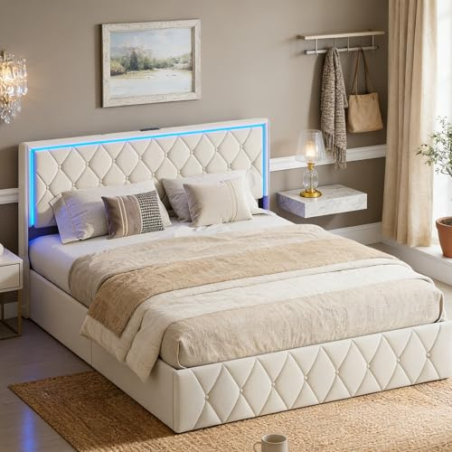 Bett 160x200, Polsterbett Doppelbett mit USB & LED Beleuchtung Kopfteil, Jugendbett Bettgestell mit Lattenrost, Hydraulisch Stauraumbett für Erwachsene und Jugendliche, Samt, Beige, Ohne Matratze