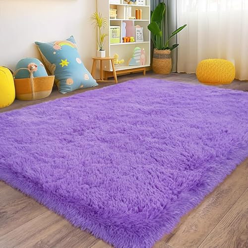 HOKXUAN Hochflor Teppich Wohnzimmer 80 x 120 cm Extra Weich, Pflegeleicht Flauschiger Teppich für Wohnzimmer Modernes Einfarbiges Design Fürs Wohnzimmer, Schlafzimmer, Lila