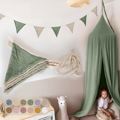 LILIMAUS Wimpelkette Stoff [mit Goldapplikation in 12 Farben] Wimpelkette Kinderzimmer - 100% Baumwolle Handmade Girlande Stoff - Wimpelkette Musselin - Hausbett Deko Mädchen & Jungen für Babyzimmer