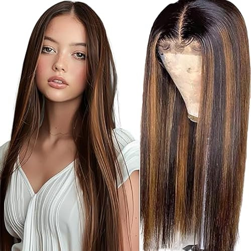 Weeybay Echthaar Perücke Bone Straight Human Hair Wig Glueless Wear and Go 4X1 Lace Closure PerüCken Damen with Baby Hair Bleached Knot Highlight Brown Color for Woman 28 Zoll