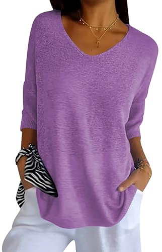 Jersey Punto Mujer Cuello V Jerséis Mujer Pullover Sweater Women Sueter Punto Mujer Primavera Jerseys Mujeres Jersey de Cuello Pico Fino Oversize Punto Ancho Señora Suéter Tejido para Mujer Morado 3XL