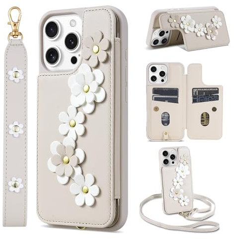 rongki for iPhone 13 Pro Case, Wallet with Card Holder, Cute Flower Design Crossbody Phone Purse for Women, PU Leather Magnetic Kickstand Shockproof Cover with Wrist Strap Phone Case 6.1 (Beige)