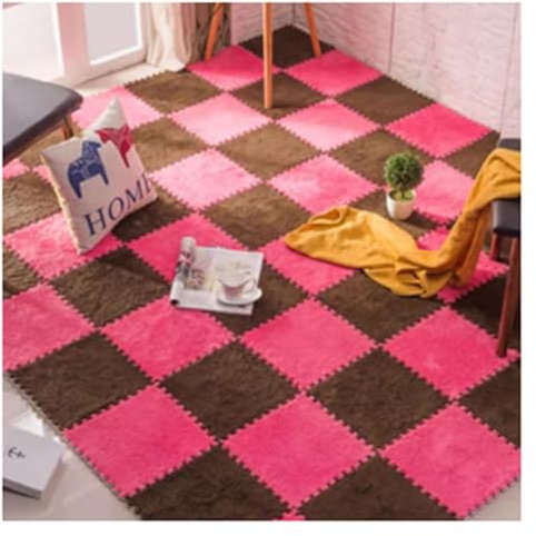 HCZKIUJY Splice-Ineinander greifender Teppich, 12-teilig, quadratische Plüsch-Puzzle-Schaumstoffmatte, Flauschiger Ineinander greifen-Teppich, Ineinander greifen-Schaumstoffteppic,Dark Curry+Rose Red