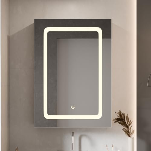 ALEAVIC Spiegelschrank Bad mit Beleuchtung 50x70cm Breit, Badezimmer Schrank 16cm Tief - Kann Als Vanity Mirror Verwendet Werden, Smart Mirror mit 3 Einstellbare Lichtfarben