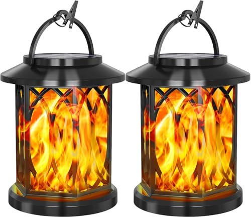 SMY Lighting Solar Laternen für Draußen, Solarlampen für Außen Hängend mit Realistische Flammeneffekte, IP65 Wasserdicht Solarlaterne mit Klemmen für Hof Balkon Garten Deko, 2 Stück