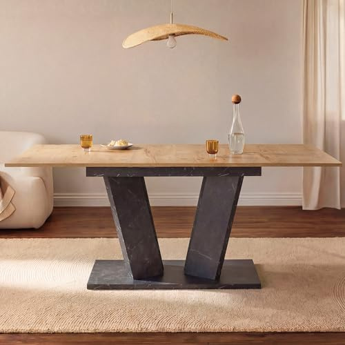 B&D home Esstisch Willem, ausziehbar 120-160x80 cm 4-6 Personen Küchentisch Holztisch mit Säule für Esszimmer, Küche, skandinavisch modern Design, Sandeiche Marmor Optik, 11201-WM-EISA