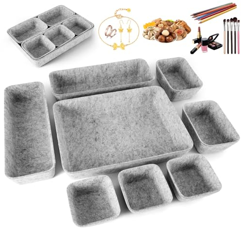Kinberry Schubladen Organizer, 8 Stück Stapelbare Filz Aufbewahrungsboxen, Platzsparend Schubladenbox Ordnungssystem, für Schreibtisch, Schminktisch, Nachttisch, Schrank (Hellgrau)
