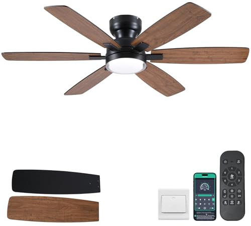 Kviflon 132 cm Landhaus-Deckenventilator mit Licht, Deckenmontage, Fernbedienung/APP-Steuerung, 6 umkehrbare Doppel-Seiten-Klingen, 3 CCT Dimmbar, für Wohnzimmer, Braun