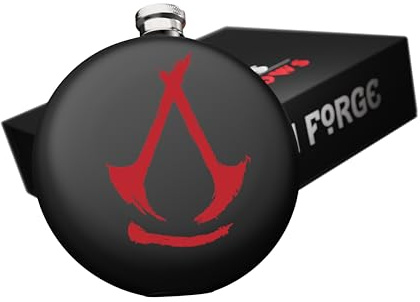 Assassin's Creed Shadows Flachmann, offizielles Lizenzprodukt, Assassin's Creed Shadows, Geschenkset mit 2 x 30 ml bemalten Schnapsgläsern und 1 x Einfülltrichter