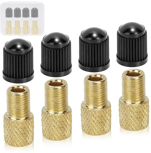 Xioysnil 4 PCs Brass Presta Valve Adapter - Convert Presta to Schrader for Bike, e-Bike, e-Scooter - Inflate Tire with Standard Pump & Air Compressor - with 4 Valve Caps