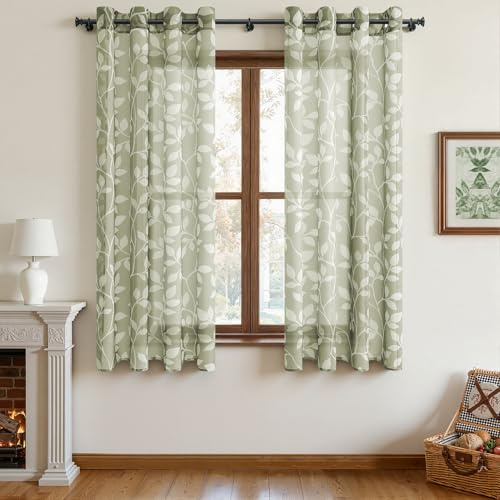 CUTEWIND Gardinen Kurz Voile Sheer Curtains Graugrün mit Ösen 2er Set 145 cm Lang 140 cm Breit, Gardine Moderne Transparente Gardinen mit Weißen Blätterdrucken Muster für Fenster Schlafzimmer