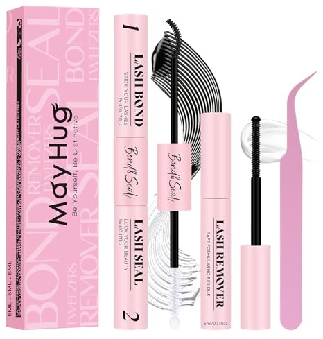 Mayhug Wimpern Kleber Lash Bond und Seal Kit 4 Pcs für DIY Cluster Extensions Starker Halt 48-72 Stunden Wasserfest & Schweißresistent, Temperaturbeständiger Lash Glue
