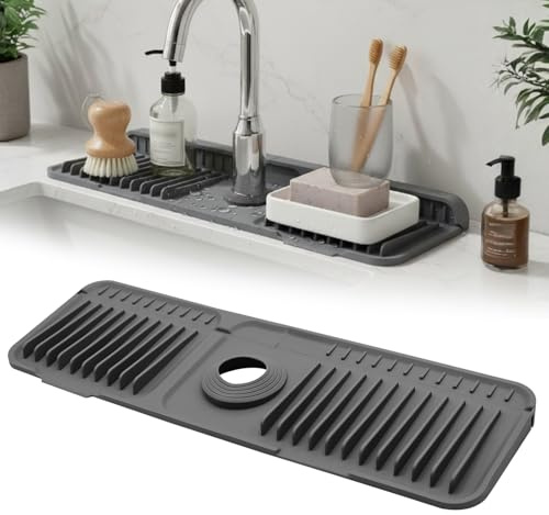 Yunkctuk Abtropfmatte Schmal, Silikon Wasserhahn Matte mit Knopf, 90° Faltbar, Zuschneidbar, Geneigt für Schnellen Abfluss, Rutschfest Spüle Splash Guard Matte für Küche, Badezimmer-Arbeitsplatten