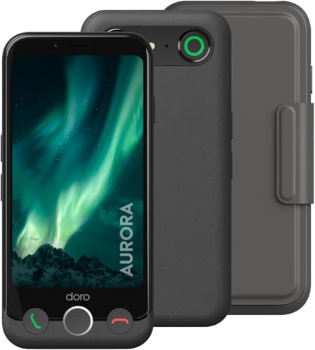 Doro - Aurora A10 Mobile Phone Wallet Case bundle- Senior Smartphone - Easy to Use - Assistance Button - Hearing Aid Compatible USB Cable Included - Graphite