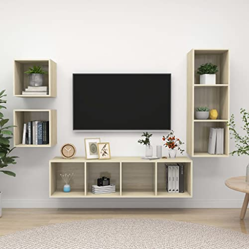 GeenYuu Ensemble Meuble TV 4 pièces chêne Sonoma Bois d'ingénierie Meuble télévision Mural Suspendu Rangement Moderne Salon séjour Design Industriel