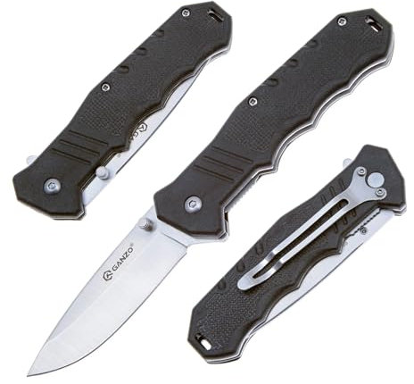 GANZO G616 Pliant de Poche Lame en Acier 440C 79 mm ABS Poignée Antidérapante avec Clip Camping EDC Couteau 193 mm 99 g (Noir)