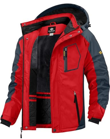 GEMYSE Herren Skijacke Wasserdicht Outdoor Winterjacke Winddicht mit Fleece und Kapuze (Rotgrau,S)