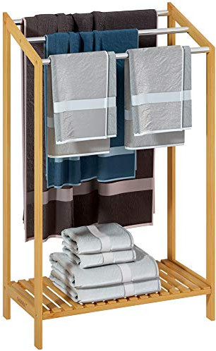 CASARIA® Handtuchhalter Stehend Bambus Holz 3 Edelstahl Stangen 85 x 51 x 31 cm mit Ablage Handtuchständer Freistehend Ohne Bohren Handtuchstange Bad