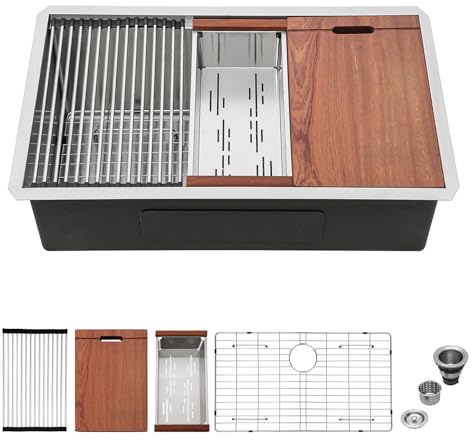 Mocoloo 30 Unterbau-Küchenspüle, 76,2 x 48,3 cm, Edelstahl, Küchenspüle, Arbeitsplatz, 16 Gauge, Einzelschüssel, handgefertigtes Waschbecken, 25,4 cm tief