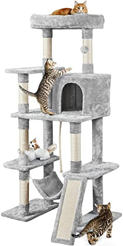 costoffs 159cm Cat Tree Tall Cat Climbing Tree Tower with Hammock and Ladder Spacious Cat Activity Centre for Indoor Cats, Light Grey